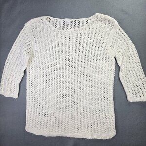 J Jill Sweater Womens XS S White Open Knit 3/4 Sleeve Pullover Cotton Blend Top